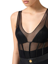 Load image into Gallery viewer, Bodysuit in stretch tulle fabric with vinyl details