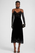 Load image into Gallery viewer, Lingerie-style velvet dress in viscose and silk with cutouts and rebrodé lace