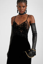 Load image into Gallery viewer, Lingerie-style velvet dress in viscose and silk with cutouts and rebrodé lace