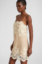 Load image into Gallery viewer, Silk creponne mini dress with "piccolo punto" lace