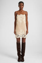 Load image into Gallery viewer, Silk creponne mini dress with "piccolo punto" lace