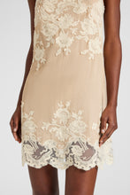Load image into Gallery viewer, Silk creponne mini dress with "piccolo punto" lace