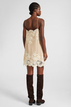 Load image into Gallery viewer, Silk creponne mini dress with "piccolo punto" lace
