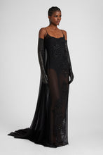 Load image into Gallery viewer, Long silk chiffon dress with hand-applied crystals