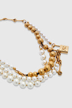 Load image into Gallery viewer, Multi-strand necklace with mix of pearls, glass, and hand-hammered metal beads – gold tone