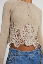 Load image into Gallery viewer, Cropped cardigan in pure cashmere with mandarin collar and rebrodè lace