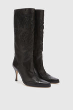 Load image into Gallery viewer, Vintage dark green nappa leather boot with handmade leather embroidery
