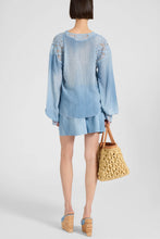 Load image into Gallery viewer, Silk Crêpe Caftan Blouse with Denim Print