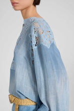 Load image into Gallery viewer, Silk Crêpe Caftan Blouse with Denim Print