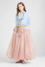 Load image into Gallery viewer, Asymmetric Balloon Skirt in Technical Organza with Denim-Blue And Orange Check Print