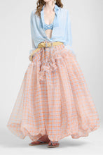 Load image into Gallery viewer, Asymmetric Balloon Skirt in Technical Organza with Denim-Blue And Orange Check Print
