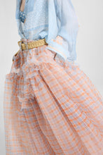 Load image into Gallery viewer, Asymmetric Balloon Skirt in Technical Organza with Denim-Blue And Orange Check Print