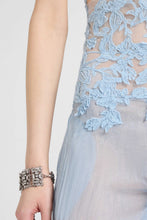 Load image into Gallery viewer, Silk Trousers with High Tulle Waist And Hand-Applied Rebrodé Lace in Denim-Blue