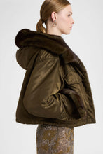 Load image into Gallery viewer, Short oversized Green Loden parka with mink-trimmed hood