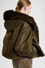 Load image into Gallery viewer, Short oversized Green Loden parka with mink-trimmed hood