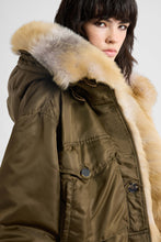 Load image into Gallery viewer, Long oversized Green Loden parka with shearling-trimmed hood