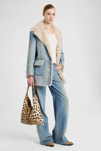 Load image into Gallery viewer, Denim-effect shearling coat with handcrafted cut-out embroidery