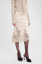 Load image into Gallery viewer, Silk satin pencil skirt with exclusive lace flounce