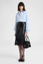Load image into Gallery viewer, Crocodile-print calfskin midi skirt with handmade lace hem