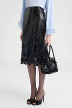 Load image into Gallery viewer, Crocodile-print calfskin midi skirt with handmade lace hem