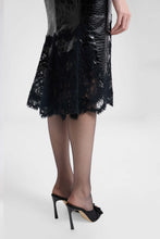 Load image into Gallery viewer, Crocodile-print calfskin midi skirt with handmade lace hem