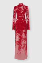 Load image into Gallery viewer, Long tulle gown with exclusive lace embroidery and hand-applied Rebrodé appliqués