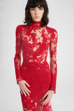 Load image into Gallery viewer, Long tulle gown with exclusive lace embroidery and hand-applied Rebrodé appliqués