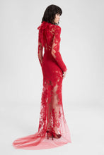 Load image into Gallery viewer, Long tulle gown with exclusive lace embroidery and hand-applied Rebrodé appliqués
