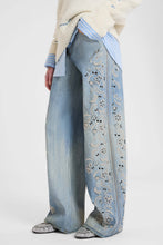 Load image into Gallery viewer, Baggy Trousers in Stone Wash Denim Print Viscose Marocain with Handmade Embroidery