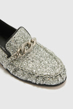 Load image into Gallery viewer, Silver Glitter Fabric Loafer with Chain Detail