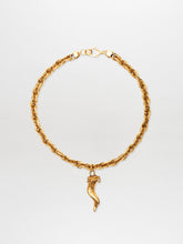Load image into Gallery viewer, The Narumi Necklace features a gold rope chain with a lobster clasp and a single gold chili pepper-shaped pendant at the center.