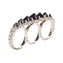 Load image into Gallery viewer, 18k white gold and yellow gold three finger ring with black diamonds and diamonds