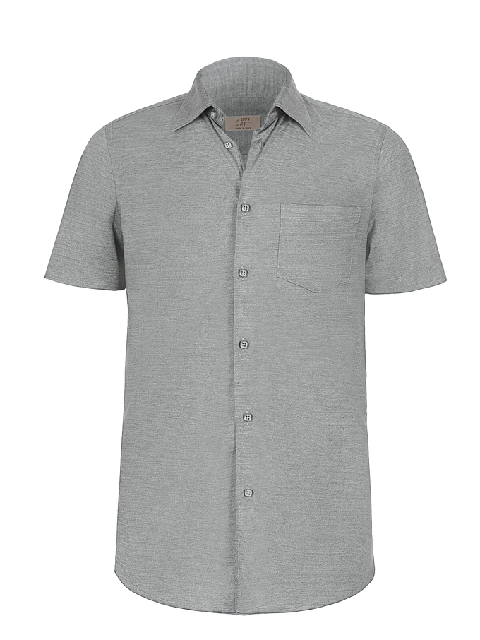 Camicia Short Sleeve 100% Capri light grey linen shirt worn by model