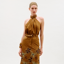 Load image into Gallery viewer, Woman wearing a mustard yellow dress with floral embroidery on a white background
