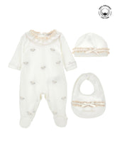 Load image into Gallery viewer, Baby romper, bib and hat set
