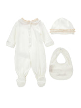 Load image into Gallery viewer, Baby romper, bib and hat set
