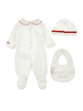 Load image into Gallery viewer, Baby romper, bib and hat set
