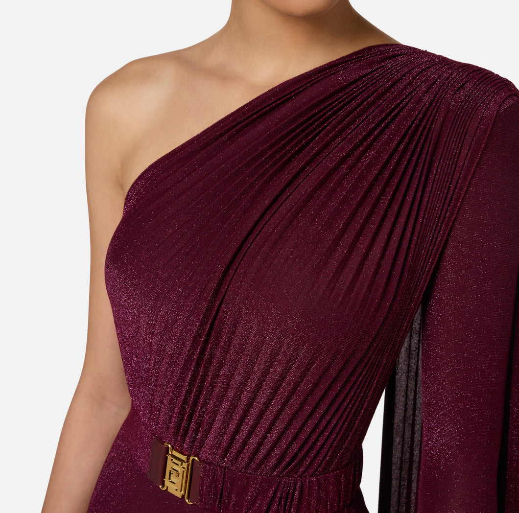 One-shoulder red carpet dress in pleated lurex jersey