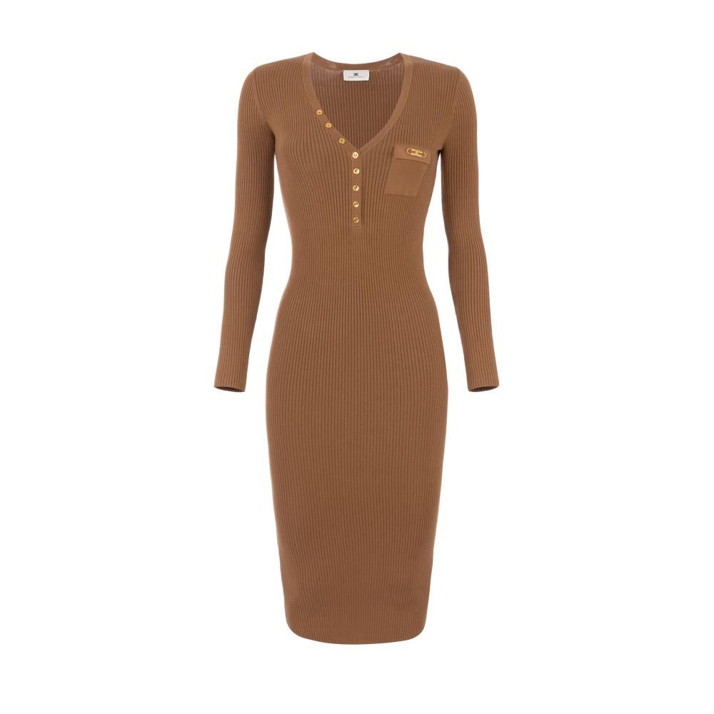 Dress in ribbed knit fabric with breast pocket