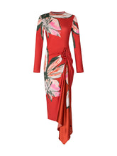 Load image into Gallery viewer, The model is wearing the Ananya Dress Red Floral Print.
