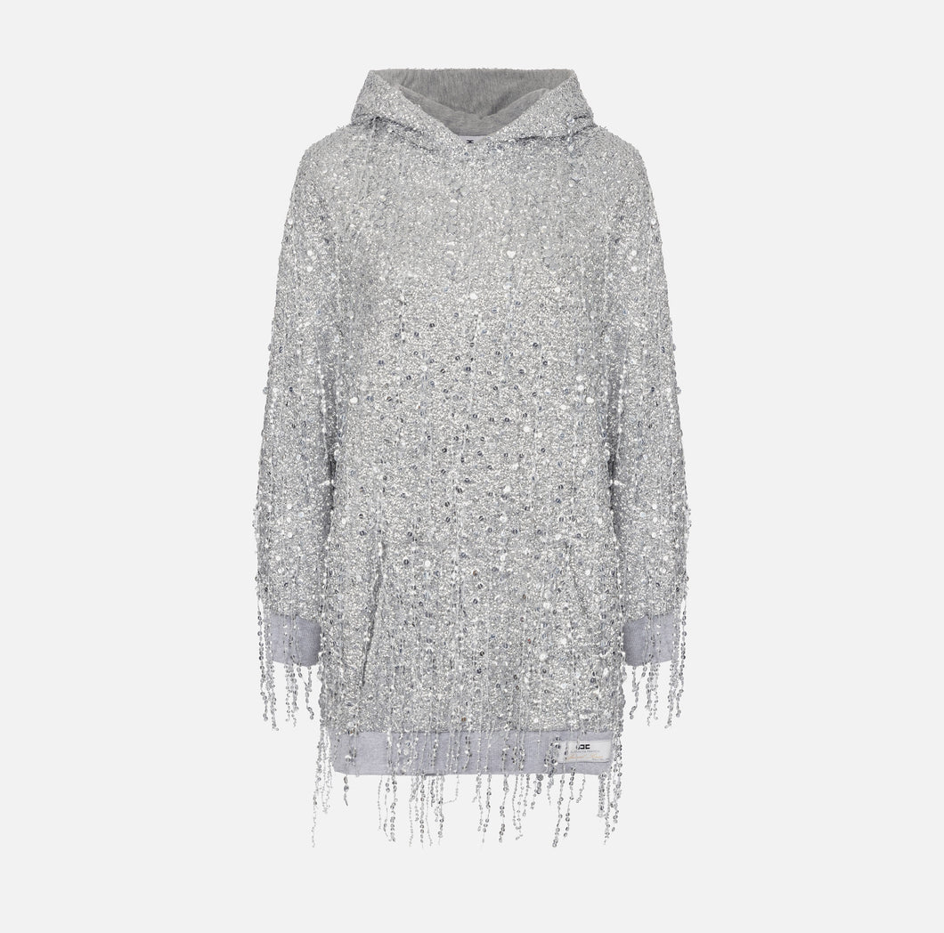 Fleece mini-dress with hood and sequin fringes