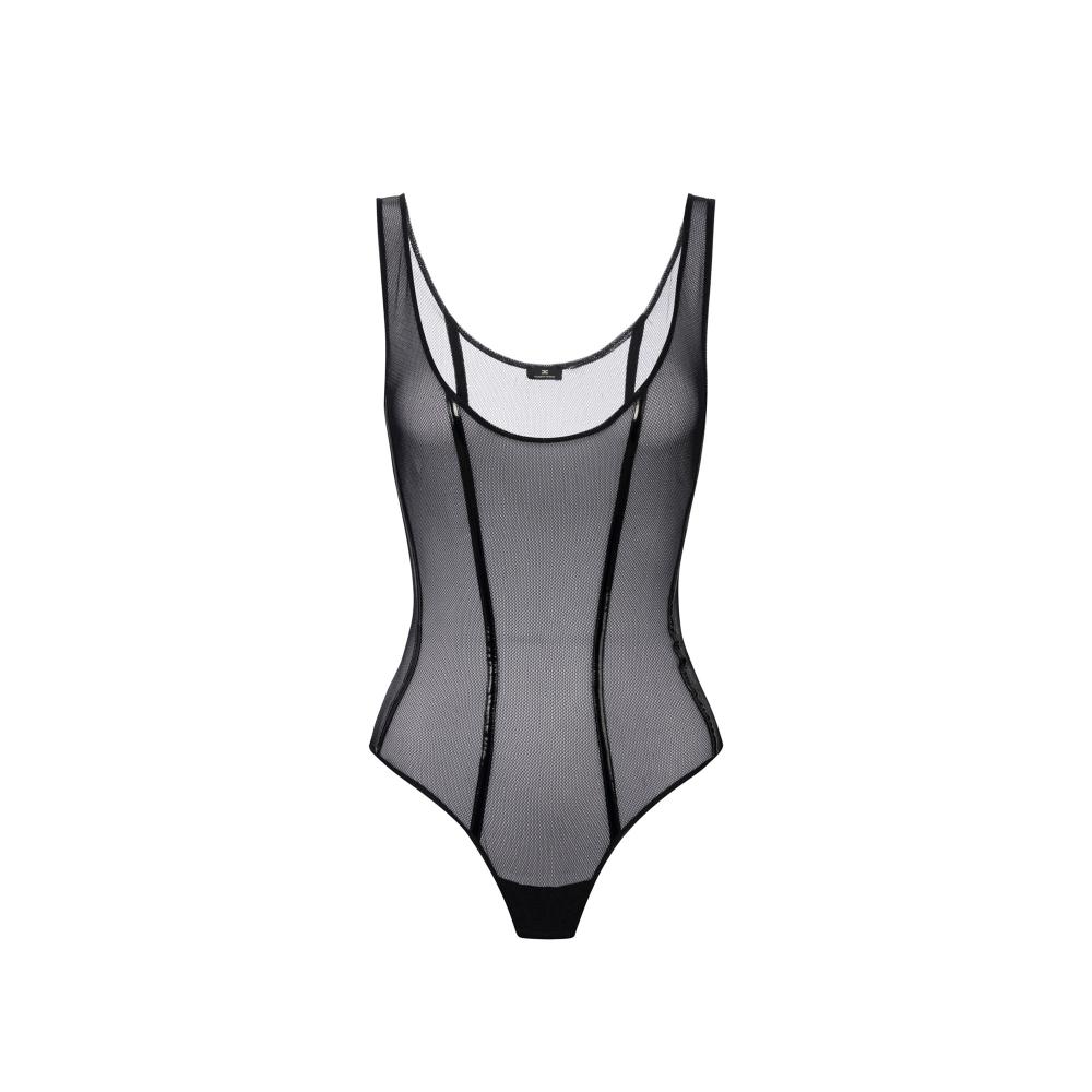 Bodysuit in stretch tulle fabric with vinyl details