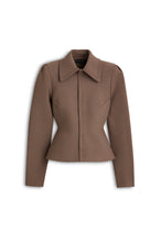 Load image into Gallery viewer, CREPE KNIT PEPLUM COLLAR JACKET - WHISKEY
