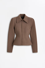 Load image into Gallery viewer, CREPE KNIT PEPLUM COLLAR JACKET - WHISKEY
