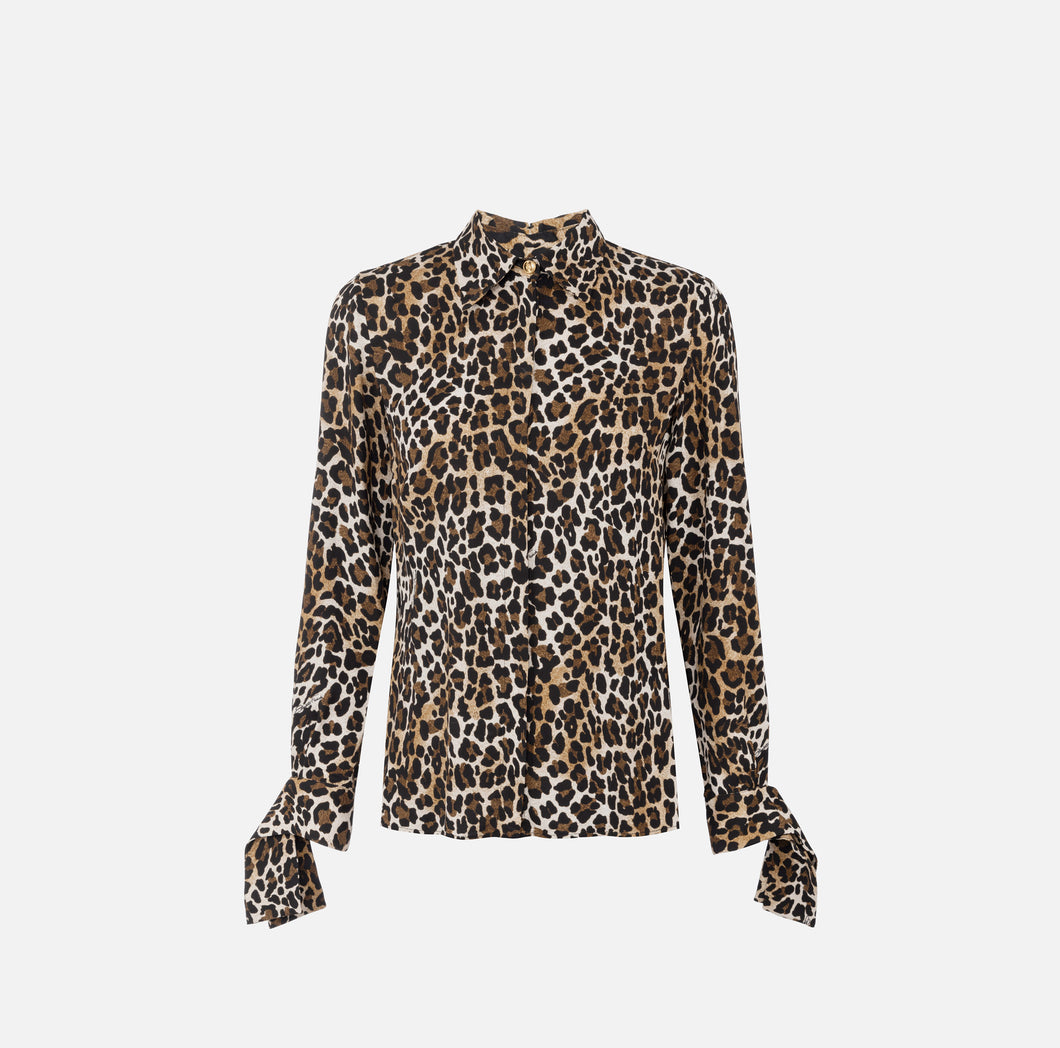 Blouse in animalier georgette fabric with ribbon cuffs