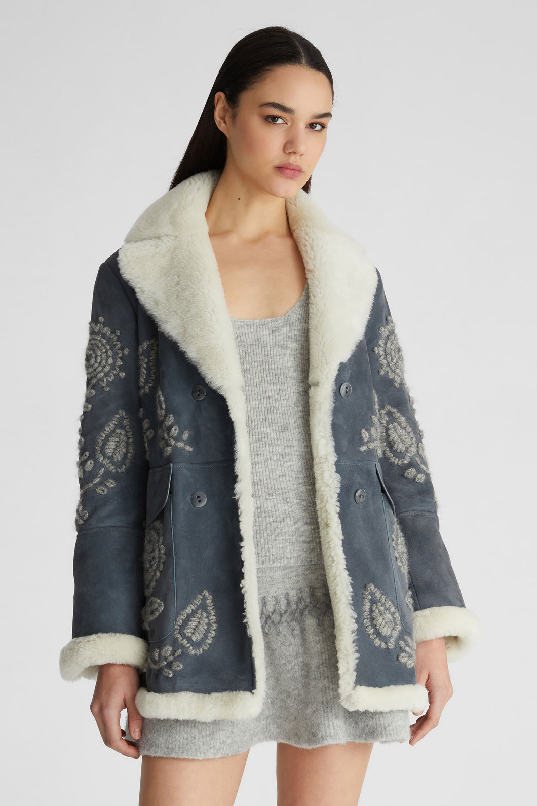 Embroidery  Double Breast Shearling Coat