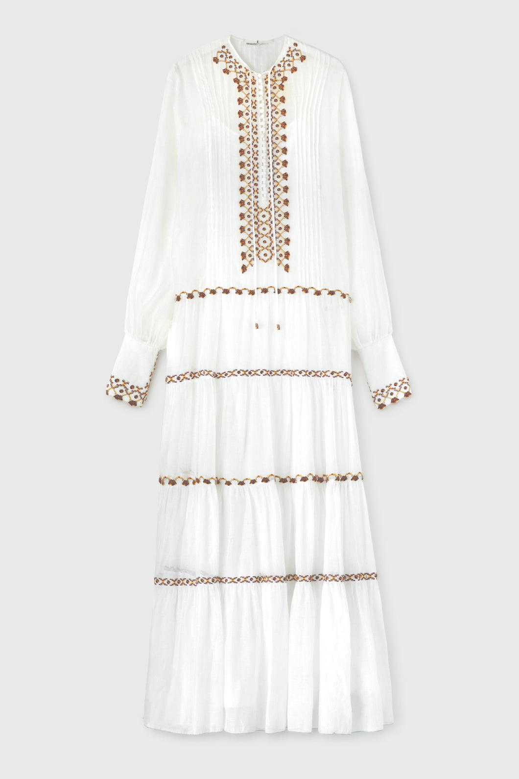 Long muslin dress with ethnic embroidery