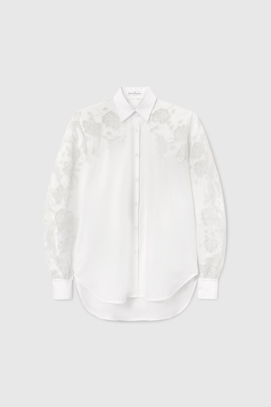 Poplin shirt with puff sleeves and rebrodé lace