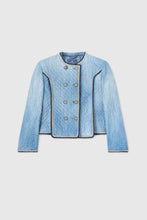 Load image into Gallery viewer, Denim effect quilted double-breasted jacket with multicoloured rafia piping
