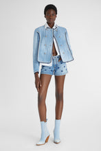 Load image into Gallery viewer, Denim effect quilted double-breasted jacket with multicoloured rafia piping
